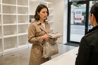 Femme tenant un sac Zara au comptoir de service client d'un magasin fermé pour effectuer un retour