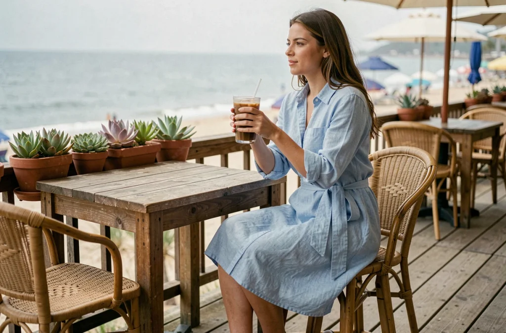 Femme en robe chemise en lin bleu assise à la terrasse d'un café de plage avec une boisson fraîche, style décontracté et pratique pour l'été