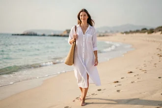 Femme portant une robe chemise blanche rayée marchant pieds nus sur une plage méditerranéenne avec un sac en paille, atmosphère décontractée et estivale