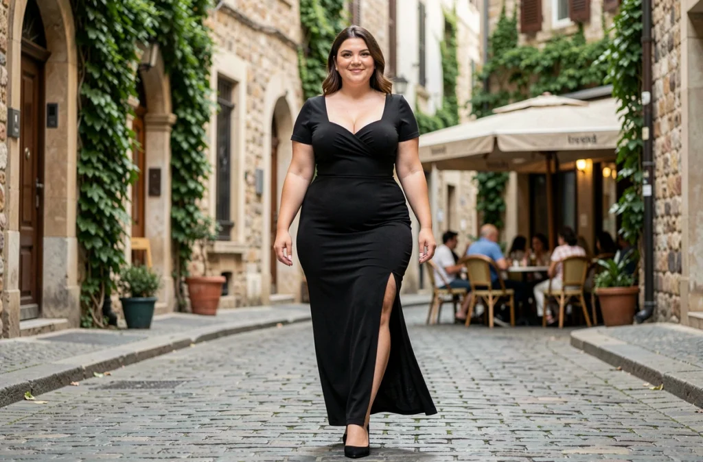 Grande femme en robe longue moulante noire marchant dans une rue pavée européenne, style et silhouette