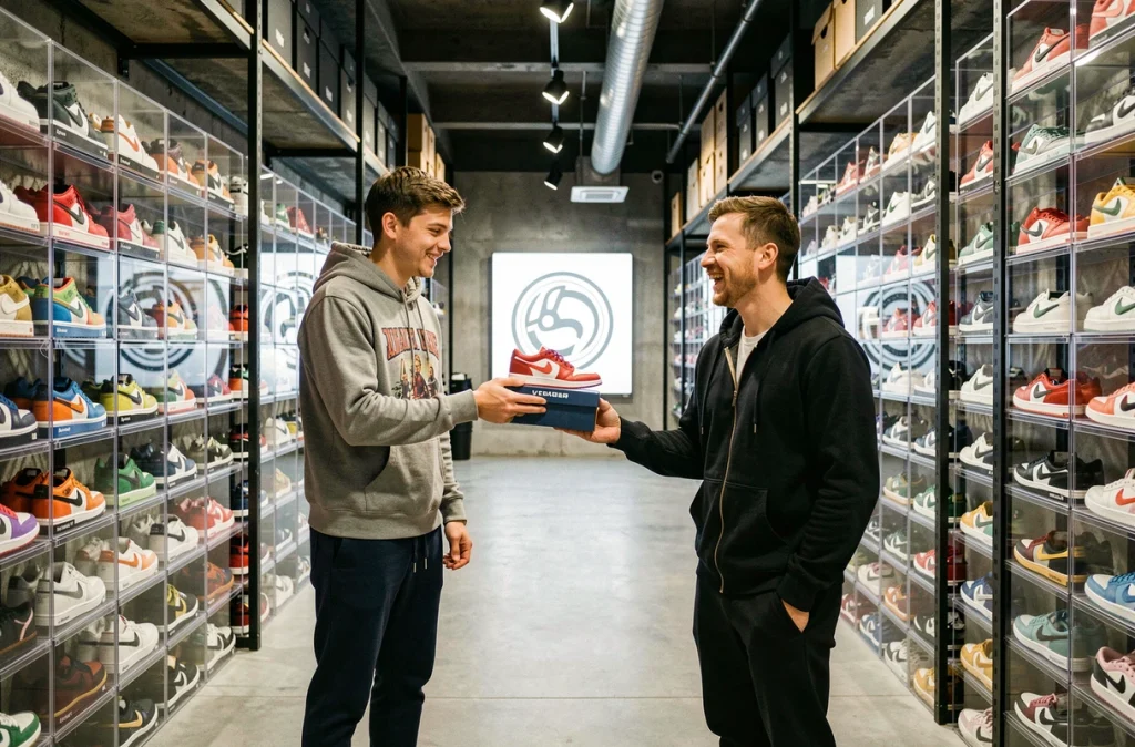 Intérieur du magasin S2 Sneakers Specialist avec des murs entiers de baskets en édition limitée dans des boîtes acryliques, vendeur tendance remettant une paire à un client