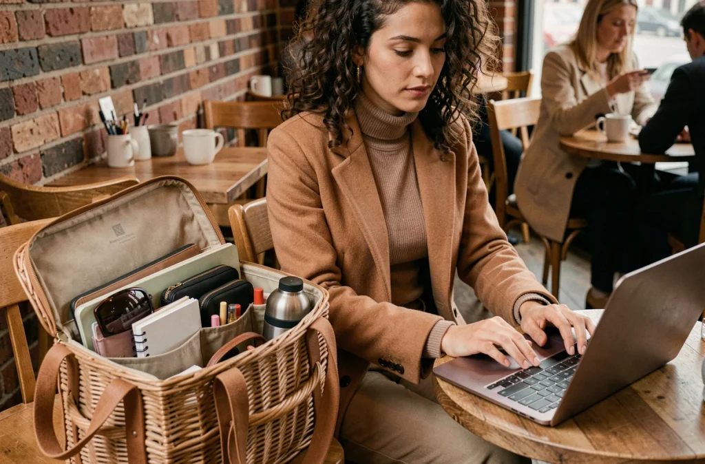 Sac de travail femme ouvert avec organisation intérieure visible sur une table de café avec ordinateur portable