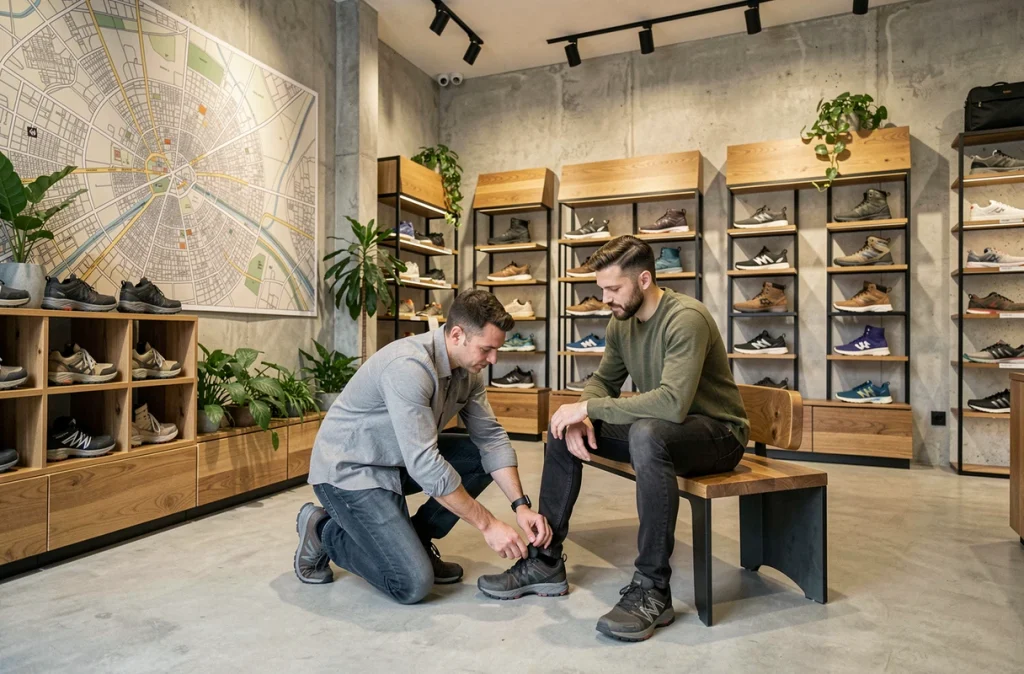 Vendeur du Sens de la Marche à Toulouse aidant un client à essayer des chaussures de marche dans une boutique moderne aux murs en béton et décor de carte urbaine