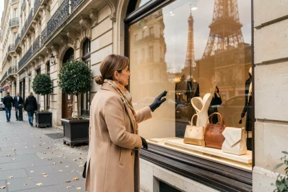 Femme élégante admirant une vitrine de boutique de luxe sur l'Avenue Montaigne à Paris en automne