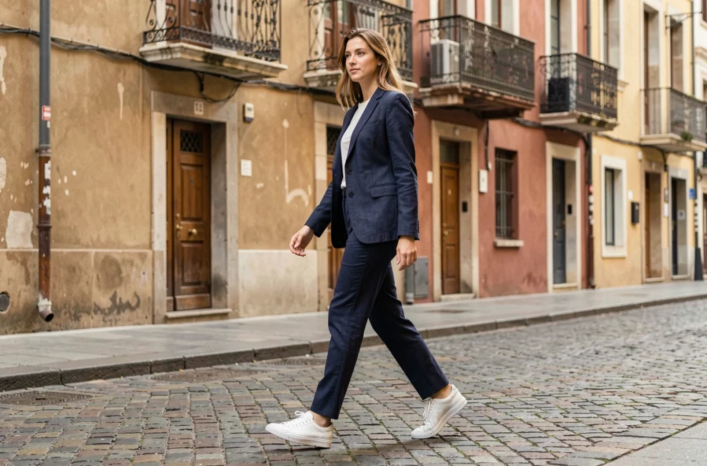 Jeune femme française portant des sneakers blanches minimalistes d'une marque confidentielle dans les rues pavées du Vieux-Lyon