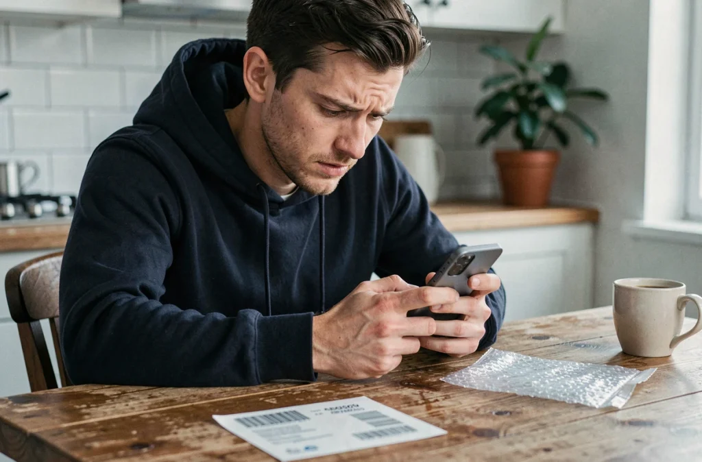Homme vérifiant le suivi de son colis retour Vinted non récupéré sur smartphone, avec étiquette d'expédition posée sur la table