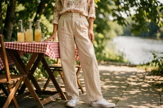 Femme en pantalon lin écru, blouse fleurie vintage et baskets blanches dans une guinguette au bord de l'eau