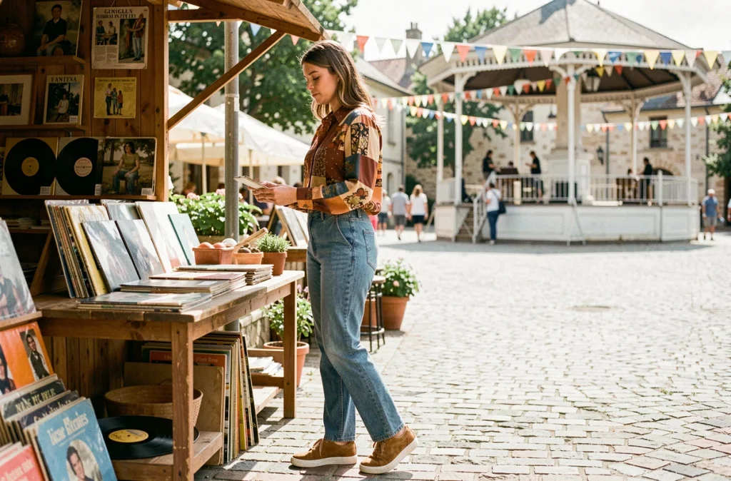 Femme en jean droit, blouse patchwork vintage années 70 et baskets daim tan fouillant une brocante de guinguette