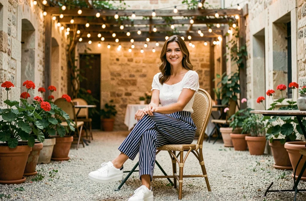 Femme assise en pantalon rayé rétro et baskets plateforme blanches à la guinguette avec pergola illuminée
