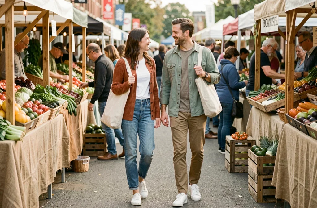Couple habillé en tenues GRAIN d3 Malice se promenant dans un marché de producteurs du week-end avec cardigan terracotta et overshirt sauge