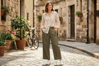 Femme portant une tenue de week-end GRAIN d3 Malice composée d'une chemise oversize en lin écru et d'un pantalon large olive sur des sneakers blanches dans une rue pavée européenne