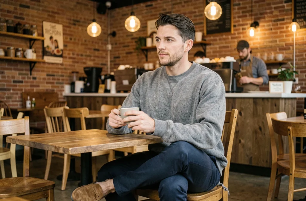 Homme en tenue décontractée GRAIN d3 Malice sweatshirt gris et chino marine attablé dans un café indépendant avec tasse de café en céramique